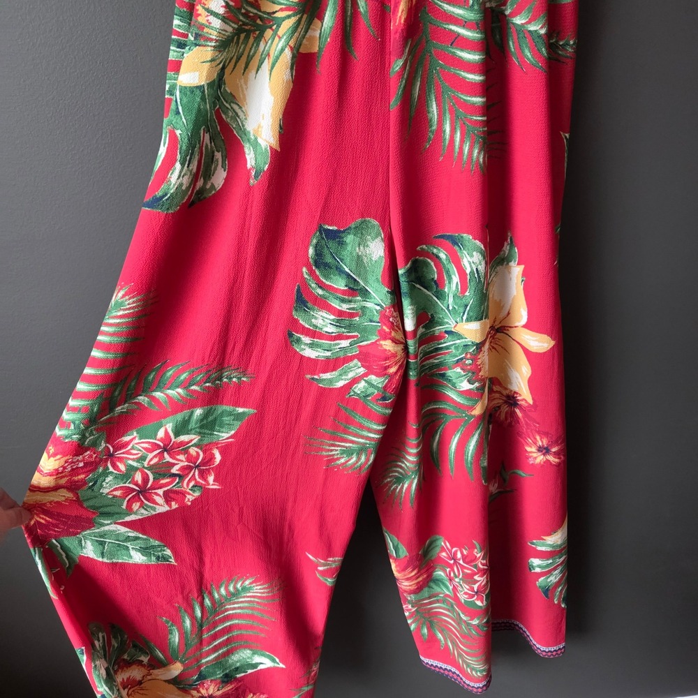 Flying Tomato Red Tropical Floral Wide Leg Jumpsuit V-Neck Boho Medium - Picture 9 of 11